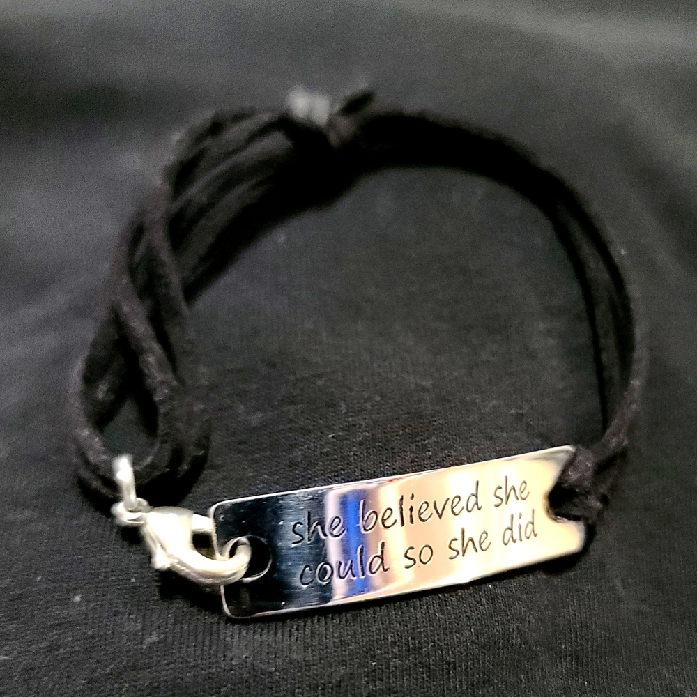 Inspirational Silver Bracelet with Black Cord